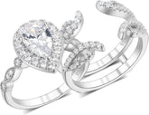 2PC Pear Halo Moissanite 925 Sterling Silver Vintage Bridal Engagement & Wedding Ring Set with Guard Enhancer for Women