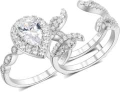2PC Pear Halo Moissanite 925 Sterling Silver Vintage Bridal Engagement & Wedding Ring Set with Guard Enhancer for Women