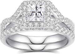 2PC Princess Brilliant Cut Moissanite 925 Sterling Silver Bridal Engagement & Wedding Ring Set for Women