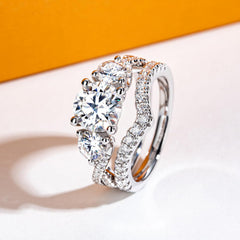 2 PC Round Brilliant Cut Moissanite Sterling Silver Bridal Wedding & Engagement Ring Set for Women