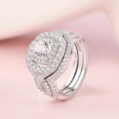 2PC Round Cut Double Halo Moissanite 925 Sterling Silver Bridal Engagement & Wedding Ring Set for Women