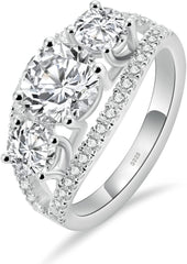 Emerald Cut Moissanite 3-Stone Engagement Ring for Women – Vintage Floral Hollow Design in Sterling Silver