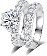 2 PC Round Cut Moissanite Sterling Silver Bridal Engagement Ring Set with Wedding Band for Women