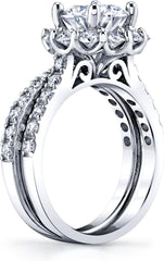2 PC Round CVD Diamond Crown Halo 18K Gold Bridal Wedding & Engagement Ring Set
