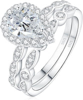 2 PC Pear Cut Halo Promise Engagement Ring for Women in 925 Sterling Silver Stackable Rings for Her Wedding Band Bridal Ring Set