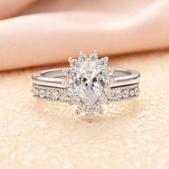 2PC Halo Pear Cut CVD Diamond 925 Sterling Silver Bridal Engagement & Wedding Ring Set for Women
