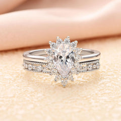 2PC Halo Pear Cut Moissanite 925 Sterling Silver Bridal Engagement & Wedding Ring Set for Women