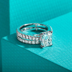2PC Emerald Cut Moissanite 925 Sterling Silver Bridal Engagement & Wedding Ring Set for Women