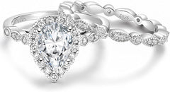 Pear Cut Moissanite Sterling Silver Vintage Bridal Ring Set with Engagement & Wedding Bands for Women