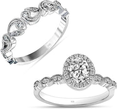 2 PC Round Cut CVD Diamond Sterling Silver Halo Bridal Engagement & Wedding Ring Set for Women
