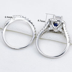 2 PC Round Brilliant Cut Moissanite & Created Blue Sapphire Sterling Silver Bridal Wedding & Engagement Ring Set for Women