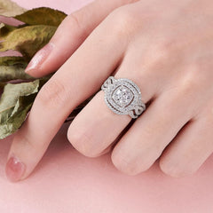 2PC Round Cut Double Halo CVD Diamond 14K Gold Bridal Engagement & Wedding R