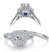 2 PC Round Brilliant Cut Moissanite & Created Blue Sapphire Sterling Silver Bridal Wedding & Engagement Ring Set for Women