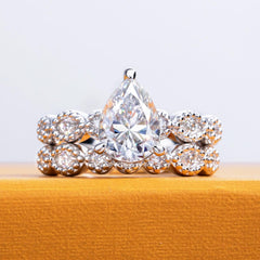 2 PC Pear Cut CVD Diamond 14K Gold Bridal Wedding & Engagement Ring Set for Wome