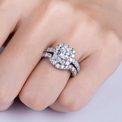 2 PC Cushion Cut Halo Moissanite Sterling Silver Bridal Wedding & Engagement Ring Set for Women