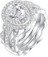 Oval Brilliant Cut CVD Diamond Double Halo Sterling Silver Bridal Ring Set Marquise Band Stackable Rings for Women