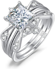 2 PC Vintage Princess Cut CVD Diamond Solitaire Sterling Silver Bridal Engagement & Crown Enhancer Wedding Ring Set
