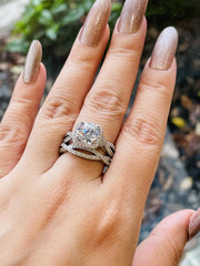 2 PC Round Cut Moissanite Halo 925 Sterling Silver Bridal Engagement & Wedding Ring Set for Women