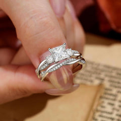 2 PC Princess Cut Moissanite Sterling Silver Bridal Wedding & Engagement Ring Set with Infinity Bands