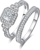 2 PC Princess Cut Halo Moissanite Sterling Silver Bridal Wedding & Engagement Ring Set for Women