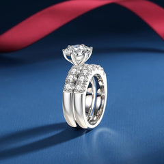 Round Cut Moissanite Sterling Silver Bridal Wedding Engagement Ring Set