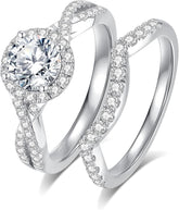 2 PC Round Cut Moissanite 925 Sterling Silver Bridal Wedding & Engagement Promise Ring Set for Women