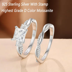 2 PC Princess Cut Moissanite Sterling Silver Bridal Wedding & Engagement Ring Set with Infinity Bands