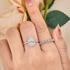 2PC Halo Pear Cut Moissanite 925 Sterling Silver Bridal Engagement & Wedding Ring Set for Women