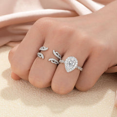 2PC Pear Halo CVD Diamond 925 10K Gold Vintage Bridal Engagement & Wedding Ring Set with Guard Enhancer for Women