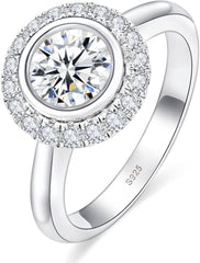 Round Cut Moissanite Sterling Silver Halo Engagement Ring with Wedding Band Promise & Anniversary Bridal Set for Women