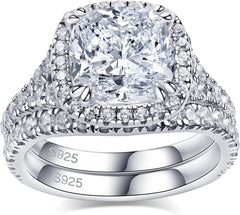 2 PC Cushion Cut CVD Diamond Split Shank Sterling Silver Bridal Wedding & Engagement Ring Set for Women