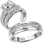 Princess Cut Moissanite His & Hers Sterling Silver Wedding & Engagement Promise Ring Set for Couples