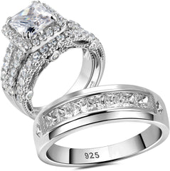 Princess Cut Moissanite His & Hers Sterling Silver Wedding & Engagement Promise Ring Set for Couples