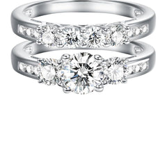 2PC Round Cut Moissanite 3-Stone Sterling Silver Engagement Ring Set for Women