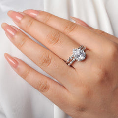 2 PC Pear Cut Halo Promise Engagement Ring for Women in 925 Sterling Silver Stackable Rings for Her Wedding Band Bridal Ring Set