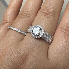 2 PC Round Brilliant Cut Halo Moissanite Sterling Silver Bridal Wedding & Engagement Ring Set with Triple-Row Band