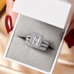 2 PC Vintage Emerald Cut Moissanite Sterling Silver Bridal Wedding & Engagement Ring Set for Women