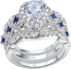 3pcs Pear Shape CVD Diamond Sterling Silver Bridal Wedding & Engagement Ring Set for Women
