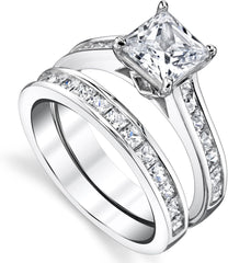 Princess Cut Moissanite Sterling Silver Bridal Engagement & Wedding Ring Set