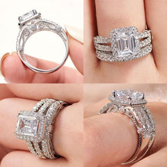 2 PC Vintage Emerald Cut Moissanite Sterling Silver Bridal Wedding & Engagement Ring Set for Women