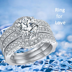 3 PC Halo Round White Moissanite Sterling Silver Trio Bridal Wedding & Engagement Ring Set for Women