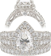 2 PC Vintage Pear Cut CVD Diamond Sterling Silver Bridal Wedding & Engagement Ring Set for Women