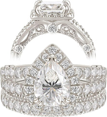 2 PC Vintage Pear Cut CVD Diamond Sterling Silver Bridal Wedding & Engagement Ring Set for Women