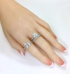 2 PC Princess Cut 101 Facets Simulated CVD Diamond 925 Sterling Silver Bridal Wedding Band Set