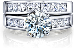 Round Cut Moissanite Sterling Silver Bridal Set Engagement & Wedding Ring Bands