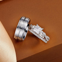 2 PC Princess Cut CVD Diamond 18K Gold His Hers Couples Bridal Wedding Ring Set for Men Women