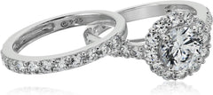 2 PC Round Brilliant Cut Moissanite Sterling Silver Double Halo Flower Bridal Engagement Ring Set with Infinite Elements