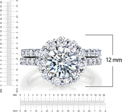 2 PC Round Moissanite Crown Halo Sterling Silver Bridal Wedding & Engagement Ring Set for Women