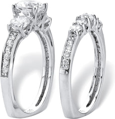 Round Brilliant Cut Moissanite 925 Sterling Silver 3-Stone Bridal Engagement & Wedding Ring Set for Women