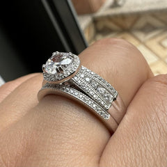 2 PC Round Brilliant Cut Halo CVD Diamond 10K Gold Bridal Wedding & Engagement Ring Set with Triple-Row Band
